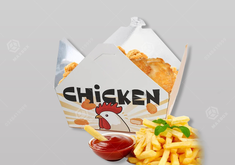 In hộp giấy đựng gà rán đẹp, bền, an toàn thực phẩm cho cửa hàng F&B